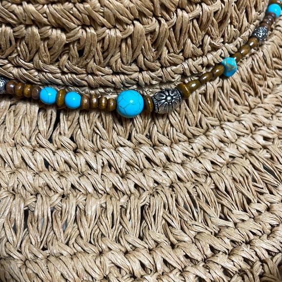 Sun ‘n’ Sand Tan Braided Straw floppy Hat With Turquoise Beaded Ribbon One Size - Picture 4 of 9
